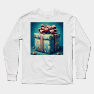 It’s All in the Bow - Fancy Blue Present - Oil Painting turned Digital Art in the Style of Van Gogh Long Sleeve T-Shirt